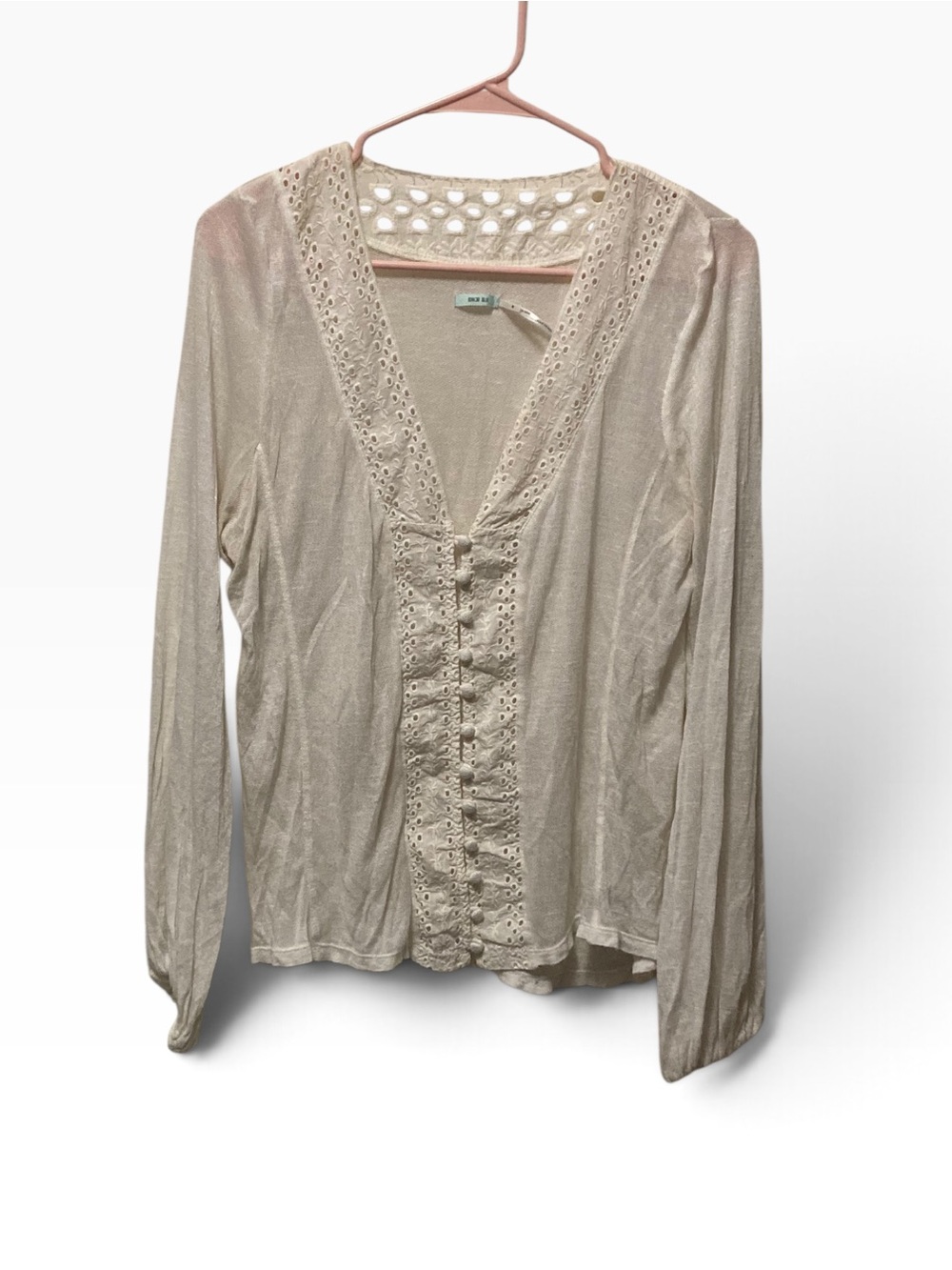 Urban Outfitters Kimchi Blue Light Cream Eyelet Trim V-Neck Long Sleeve Blouse